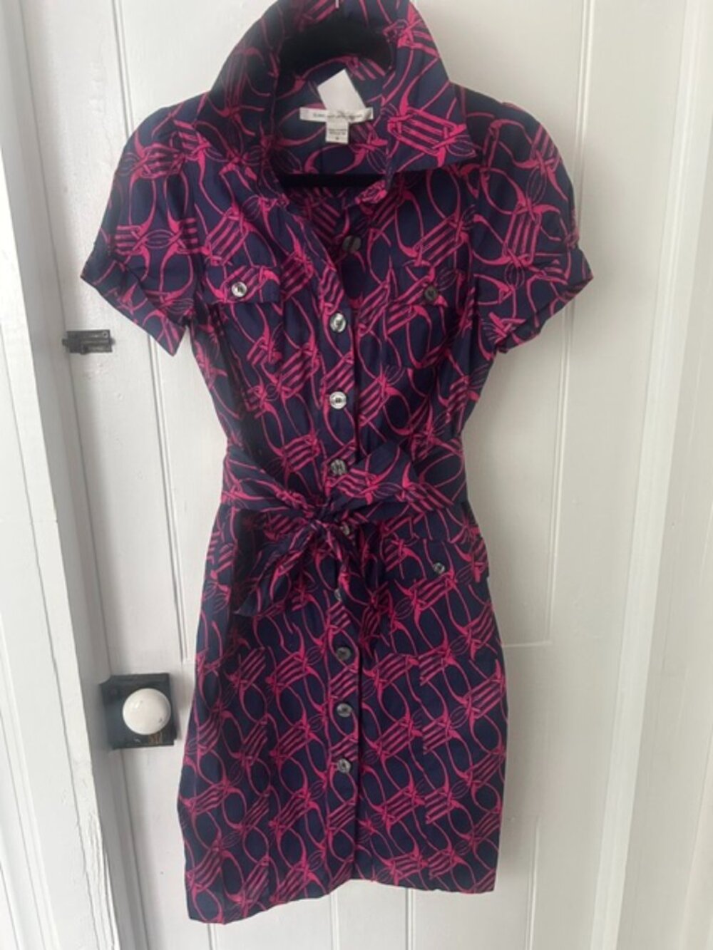 Diane Von Furstenberg DVF Clio Cotton Shirt Dress Navy Pink Links Pattern Sz 8